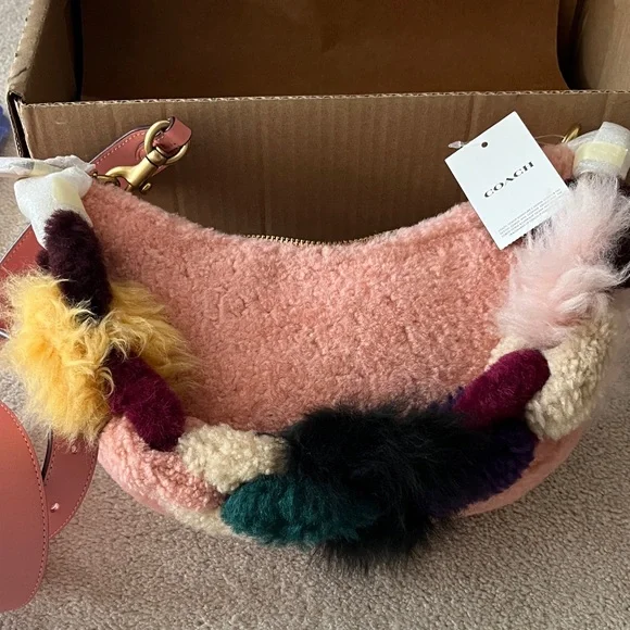Coach Pink Shearling Bag with long leather and short multicolor shearling Strap - Picture 4 of 8